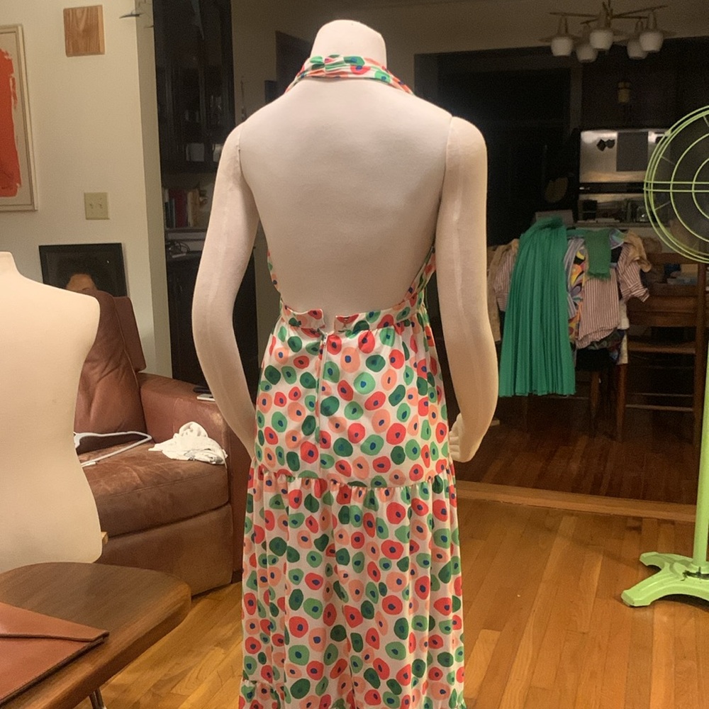 70 s OSCAR DE LA RENTA BOUTIQUE TIERED HALTER MAXI DRESS WITH ALLOVER DOTS PRINT - Picture 6 of 16